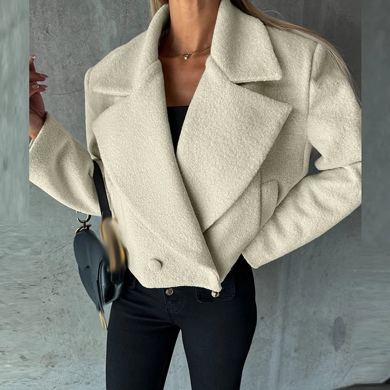 Supernfb Winter Elegant Button Solid Office Outwear Trend Wool Turn-down Collar Coats Autumn Women Casual Long Sleeve Woolen Jackets Top