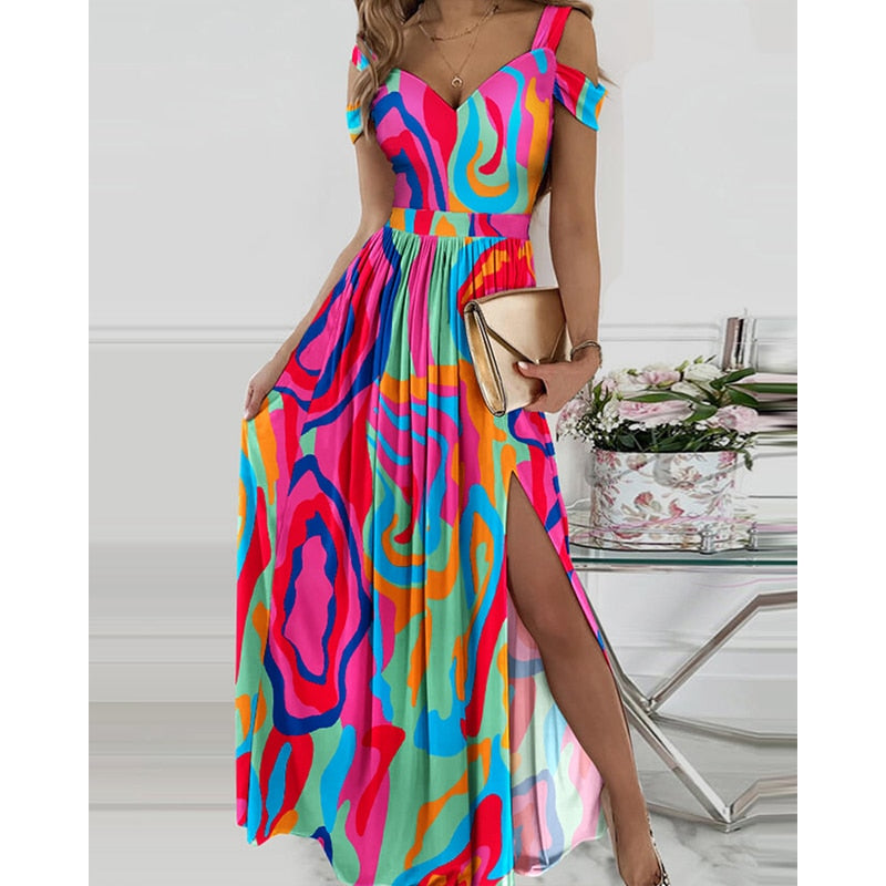 Supernfb Fashion Summer Women Beach Wear Ruched Short Sleeve Daily Vacation Long Dress Abstract Print Cold Shoulder High Slit Maxi Dress