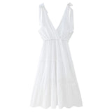Supernfb Elegant V Neck Lace Up Ruffle High Waist Summer Party платье женское Sexy Backless A-Line Boho White Midi Dress Vestidos
