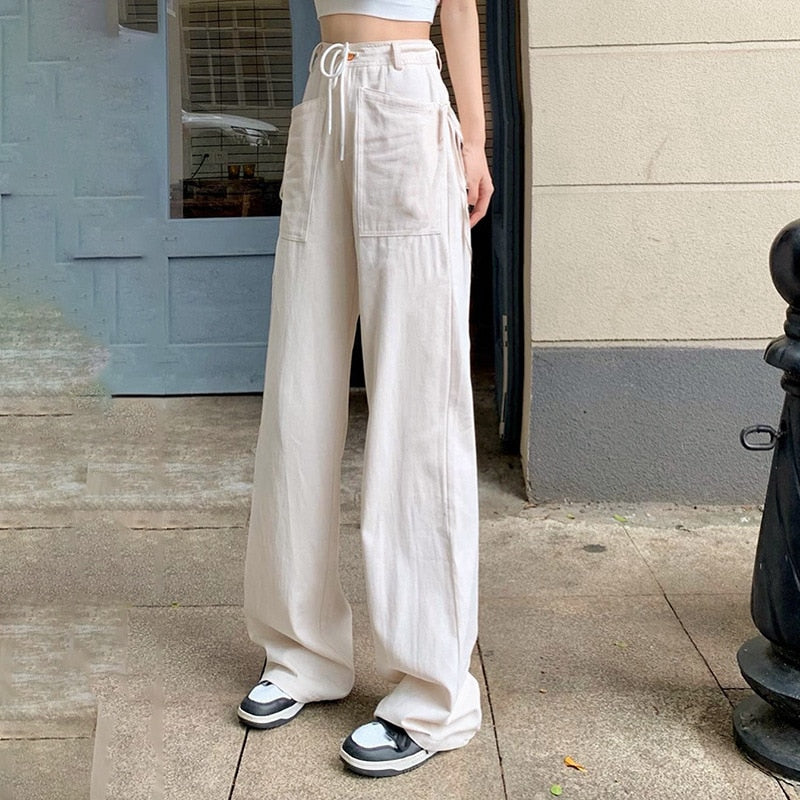 Supernfb Oversize Pants High Waist Flared Pants for Women Sexy Korean Fashion Solid Wide Pants Strap Streetwear 90s Baggy Vintage Y2k