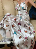 Supernfb French Vintage Satin Midi Dresses Summer Sleeveless Ruffles Patchwork Print Dresses Harajuku Y2k Long Dresses Korean Robe
