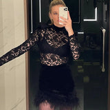 Supernfb Sexy Lace See Through Dress with Feathers, Black Lace Bodycon, Slim Sheath, Long Sleeve, Mini Dresses, Night Club Party Outfit,