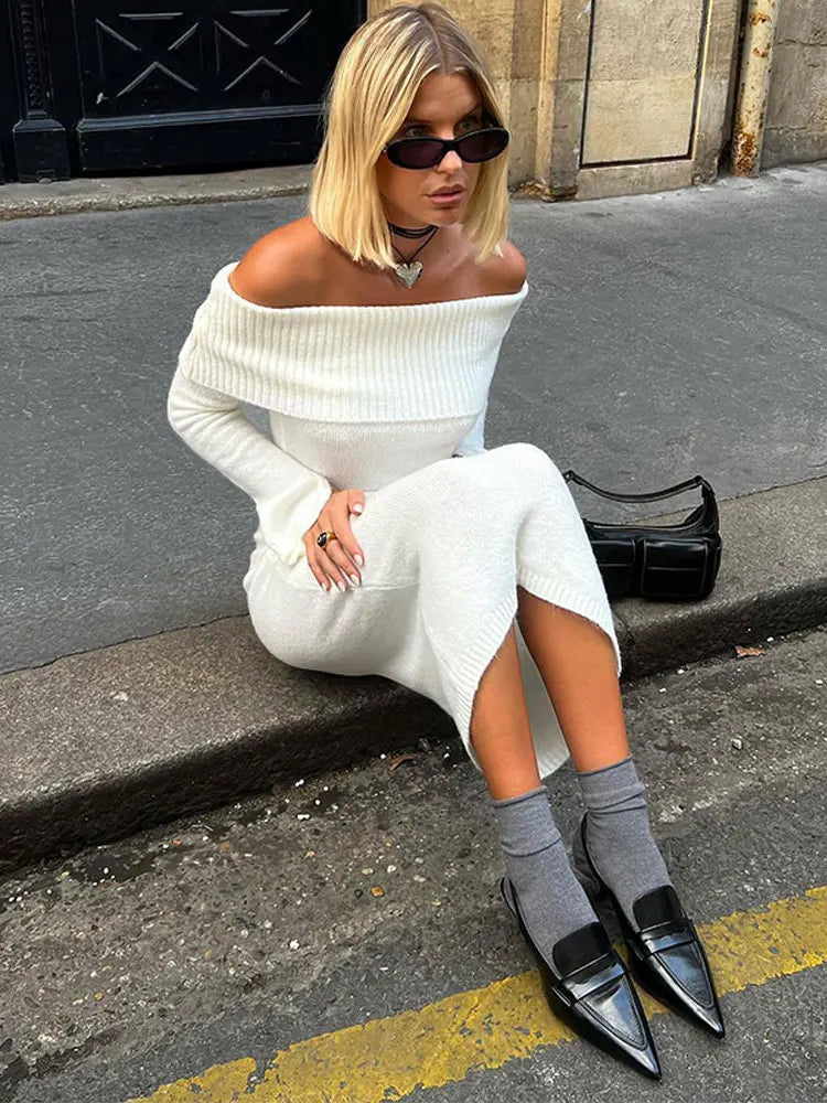 supernfb Solid Elegant Off Shoulder Women Knitted Midi Dress Fashion Long Sleeve Bodycon Dresses Autumn Lady Chic Party Club Robes