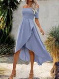 Supernfb Elegant Fashion Women Summer Dresses New Slash Neck Solid Short Sleeve Skinny elastic High Waist A-line Midi Dress