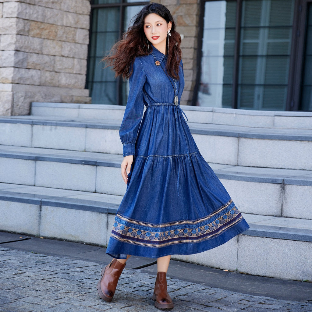 Supernfb Free Shipping Women Long Mid-Calf Full Sleeve Denim Autumn Dresses M-2XL Chinese Style Embroidery Turn Down Collar