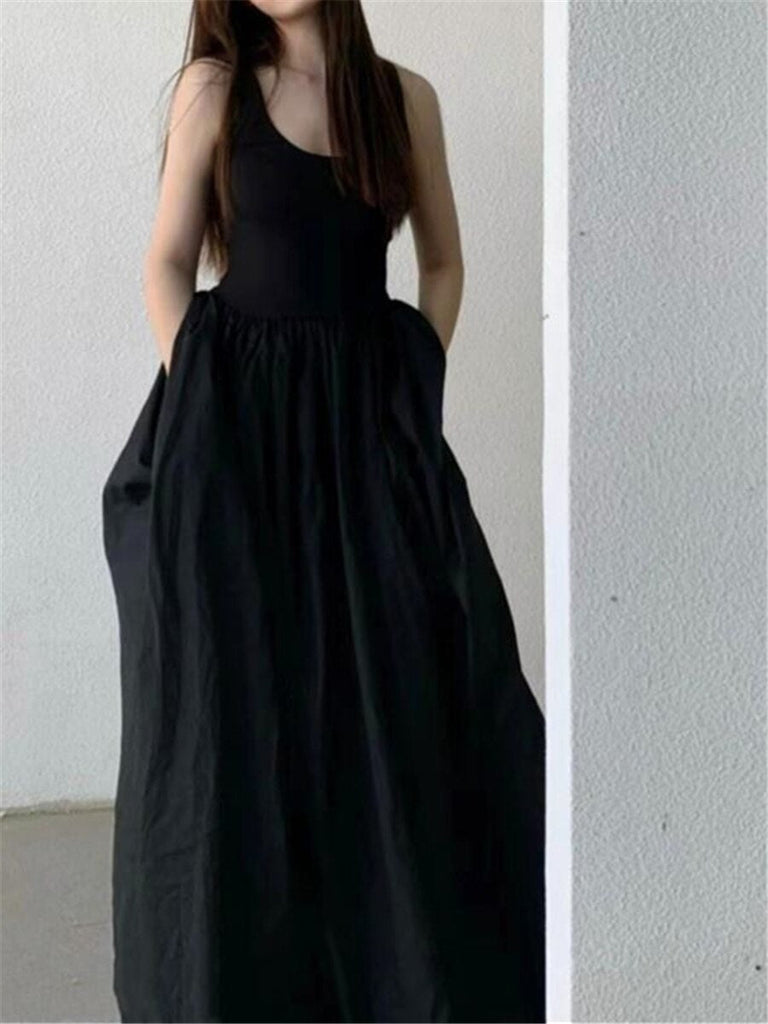 Black Long Tank Dress Women Spring Summer O Neck Floor-length Office Lady Casual Pockets Dresses  New Female Clothing