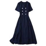 Supernfb High Quality Fashion Summer New Stripes Celebrity Office Workplace Elegant Chic Casual Designer Navy Blue Button Midi Dress