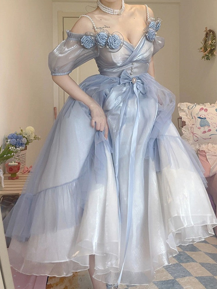 Supernfb Tavimart Elegant Vintage Lolita Princess Long Sleeve OP Dress Ladies Organza Bow Off Shoulder Party Wedding Girly Kawaii Victorian Dress