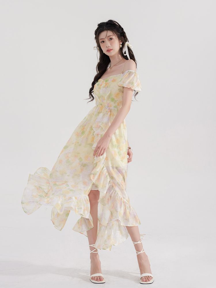 Supernfb Summer Floral Korean Style Ruffles Dress Women Print Vintage Sweet Cute Fairy Dress Boho Casual France Evening Party Dress