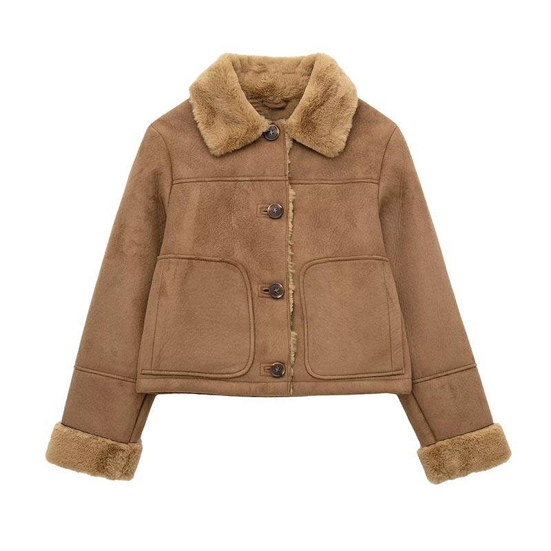 Supernfb Autumn Winter Women Fake Faux Fur Brown Jacket Ladies Single Breasted Bottons Leather Coat Retro Female Thick Outwear Mujer