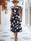 Supernfb Summer Elegant Fashion Floral Print Dress Women Dress New High Waist V Neck Irregular Ruffle Sleeve Hem A-line Midi Dress