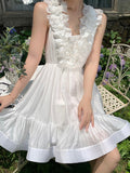 Supernfb women summer ruffle backless white party dress female A-line lace up elegant sleeveless holiday dress
