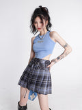 Supernfb Women's Blue Plaid Half Body Skirt Vintage Belt High Waist Casual  Fashion Baggy A-Line Pleated Short Skirt Ladies Summer