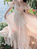 Supernfb Summer Floral Print Fairy Dress Women Sexy Slash Neck Puff Sleeve High Waist Midi Dress Beach Holiday Maxi Dresses Korean