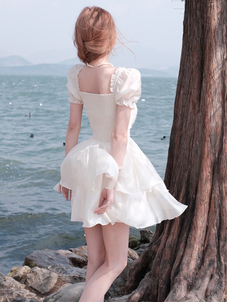 Supernfb Summer Chiffion Sweet Fairy Mini Dress For Women Kawaii Evening Party Birthday Prom Midi Dress Korean Fashion Clothing