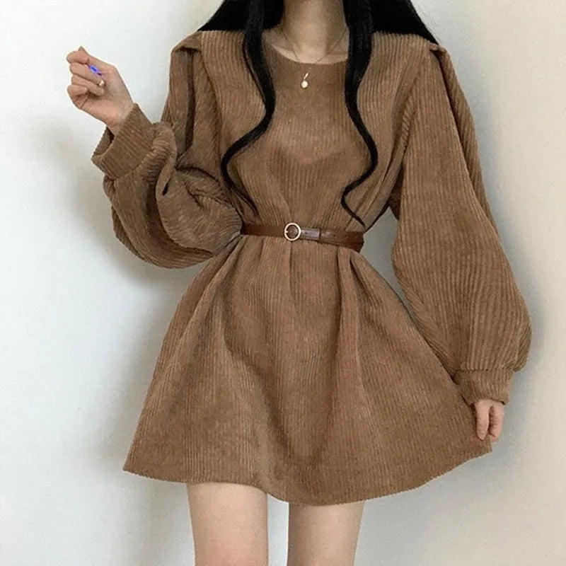 Supernfb Women Corduroy dress y2k Casual Puff Sleeve V Neck Pencil Dress Woman Single Breasted High Waist Solid Holiday Mid-Calf Dress
