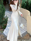 Supernfb Tavimart Elegant Solid Maxi Dress Women Long Sleeve Off Shoulder Lace Up Slim Mermaid Autumn Winter Wedding Party Vestidos Robe Mujer New