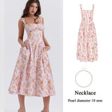 Supernfb Summer Elegant Midi Dress Casual Pink Button Floral Print Holiday Party Long Dresses for Women New In Dresses