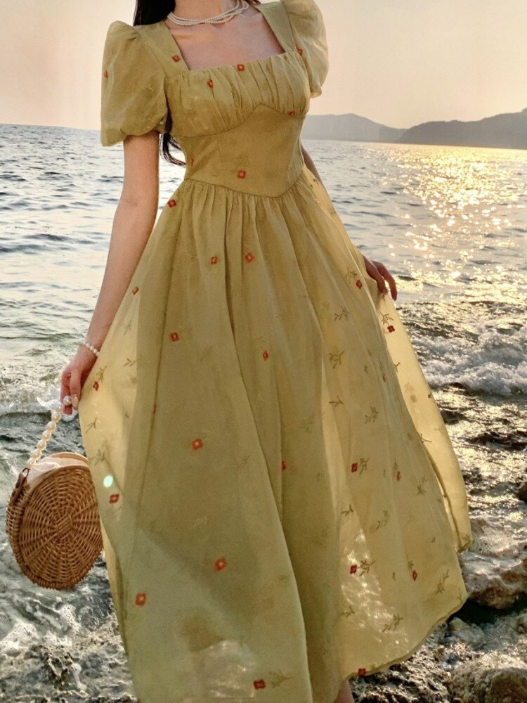 Supernfb Summer Midi Dresses French Vintage Square Collar Puff Sleeve High Waist A-line Korean Casual Dress Women Sweet Fairy Long Dress