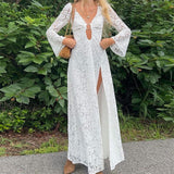 Supernfb Floral Lace White Long Dress Fairycore Vintage Y2K Women Metal Ring V Neck Backless Split Dress Boho Holiday Clothes