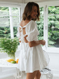 Supernfb White Puff Sleeve Women Short Dress Spring Summer Holiday Casual High Waist  Mini Dress Casaul Ruffle Vestidos A1073