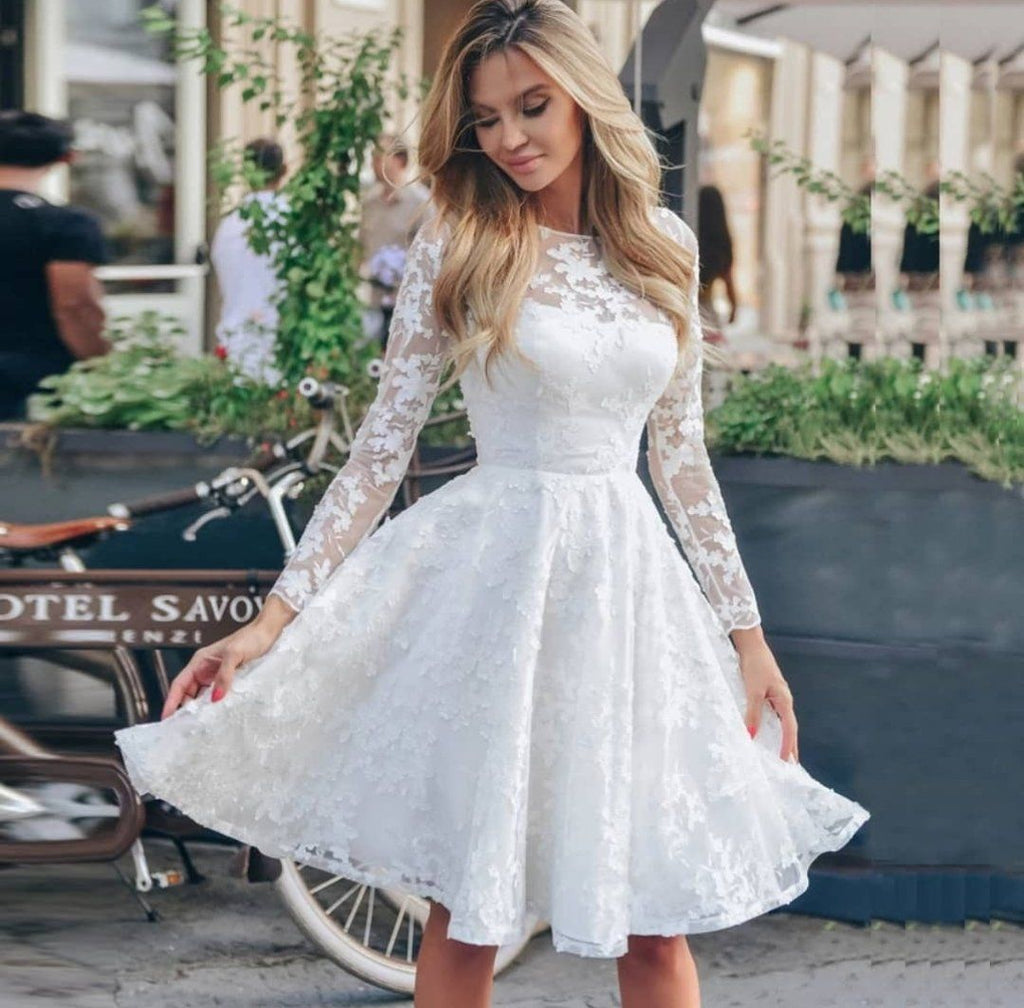 Supernfb Women Midi Dress Sexy White Lace Hook Flower Hollow Patchwork Boho Long Sleeve Dresses For Femme Wedding Party Dress Robe