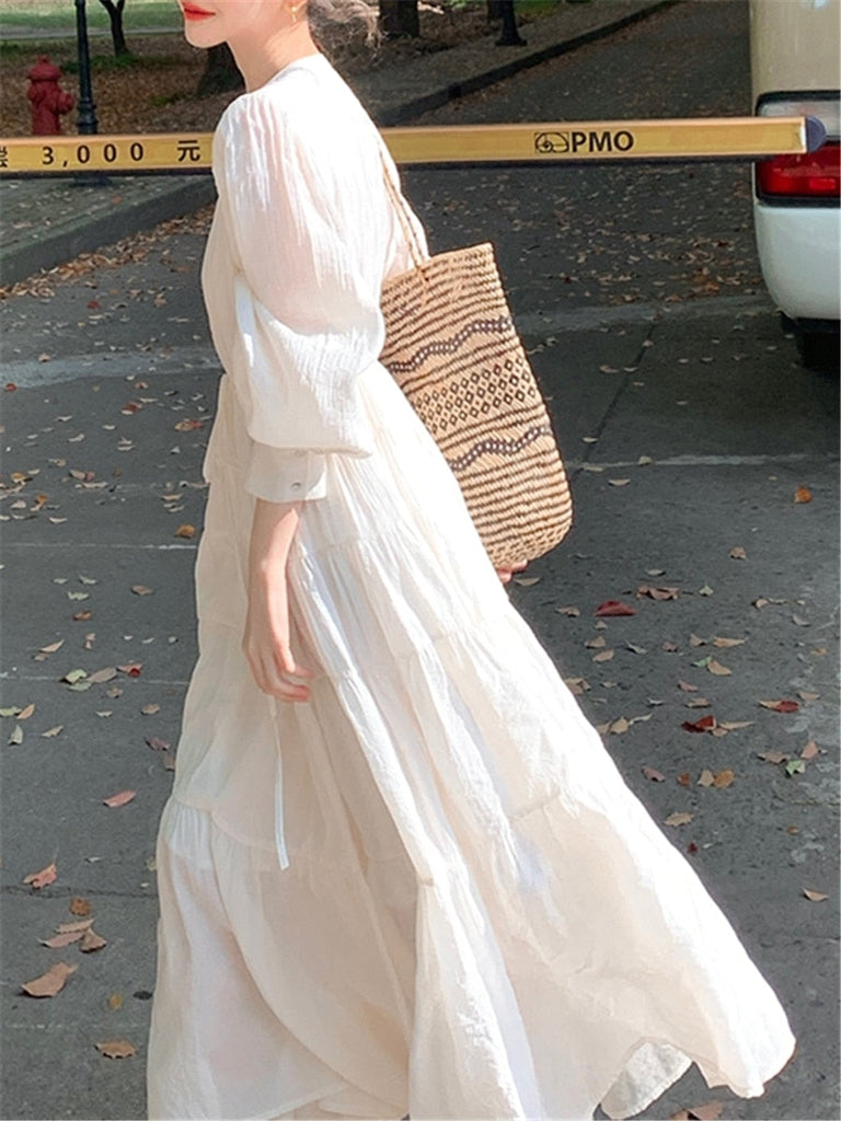 Supernfb Midi Dress Women Elegant Summer New Fashion Evening Ladies Vestidos Vintage Korean Casual White Dresses Female Clothes