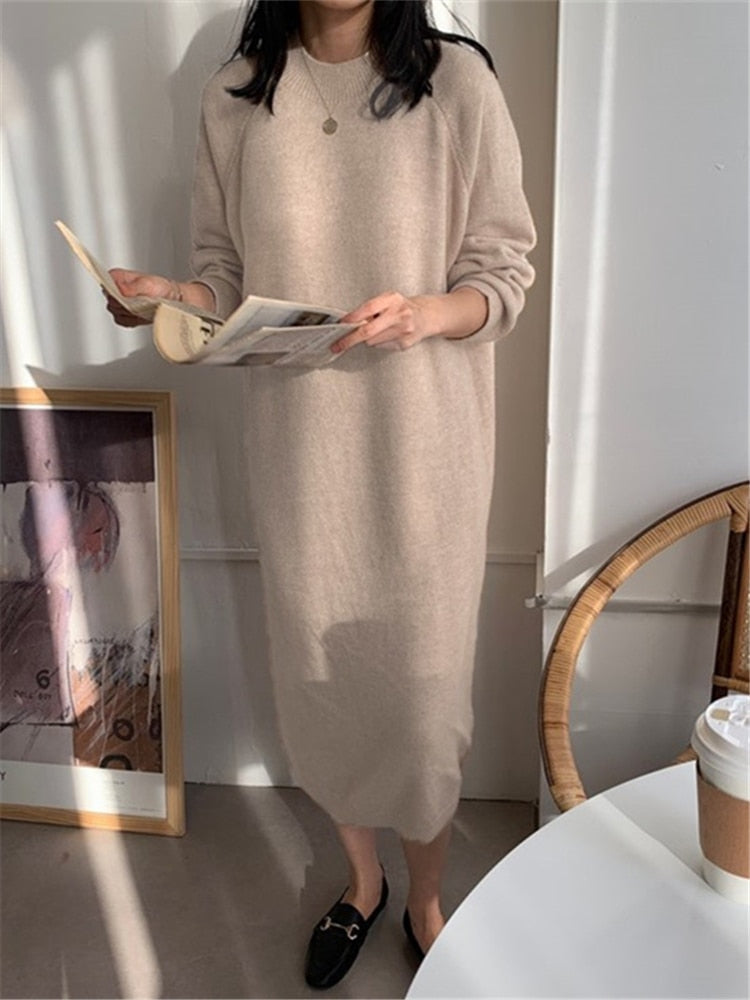 Autumn Winter New O-Neck Casual Loose Knitted Dress Female Straight Long Sleeve Oversize Sweater Womens Long Dress