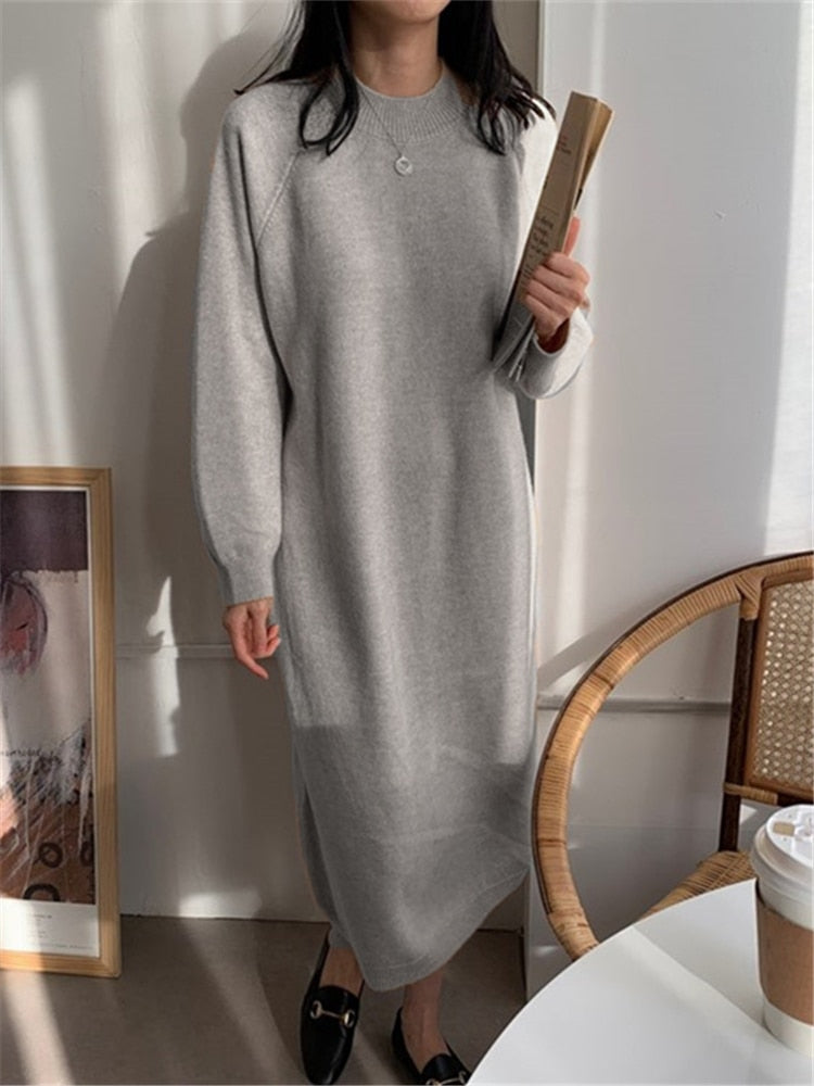 Autumn Winter New O-Neck Casual Loose Knitted Dress Female Straight Long Sleeve Oversize Sweater Womens Long Dress