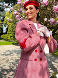 Fashion Pink Plaid Heart Print Coat Women Lapel Lantern Sleeve Notched Double Breasted Jacket Autumn Grace Female Outwear