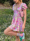 Supernfb New Fashion Womens Casual Short Sleeve Dress Fashion Flower Printed V-Neck High Waist A-Line Dress Street Style Pink S M L