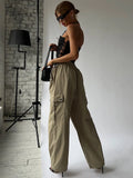 supernfb Lace Up Cargo Pants Women Summer High Waist Loose Solid Long Pant Femme Streetwear Casual Baggy Bottoms Women's Clothing