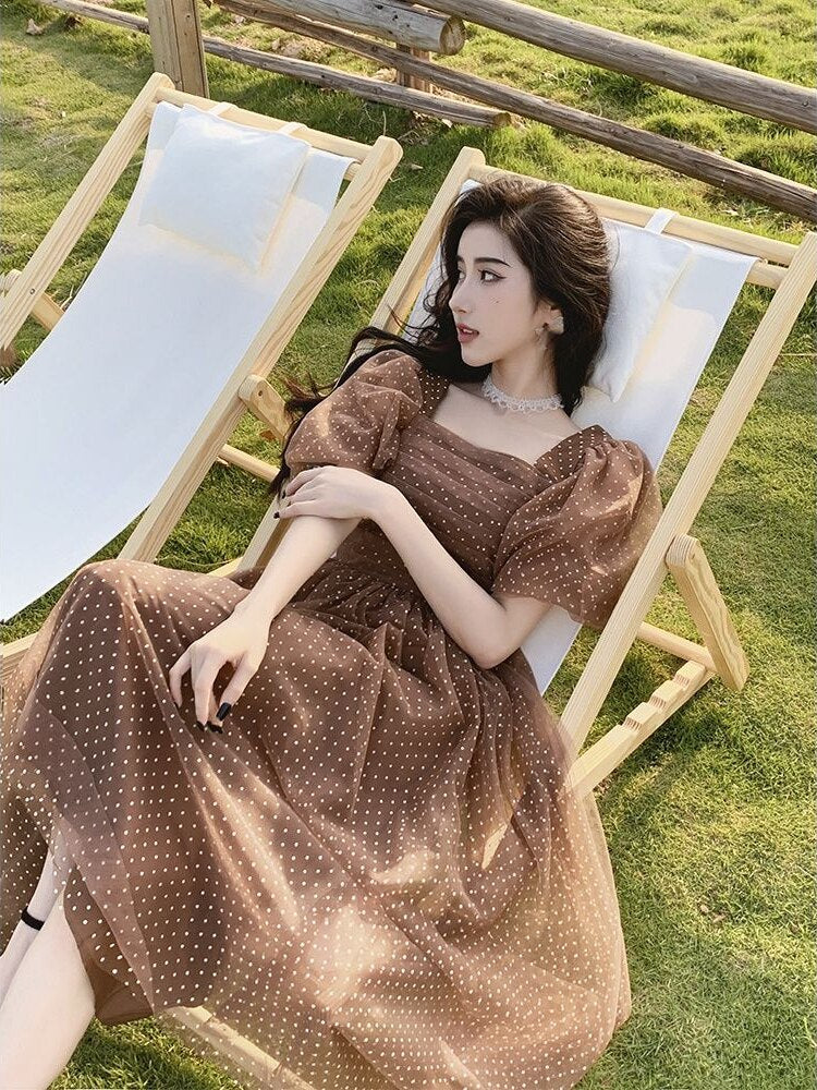 Supernfb Summer Short Sleeve Elegant Midi Dress Women Casual Boho Beach Sundress Office Lady Dot Vintage Dress Korea Fashion Clothes