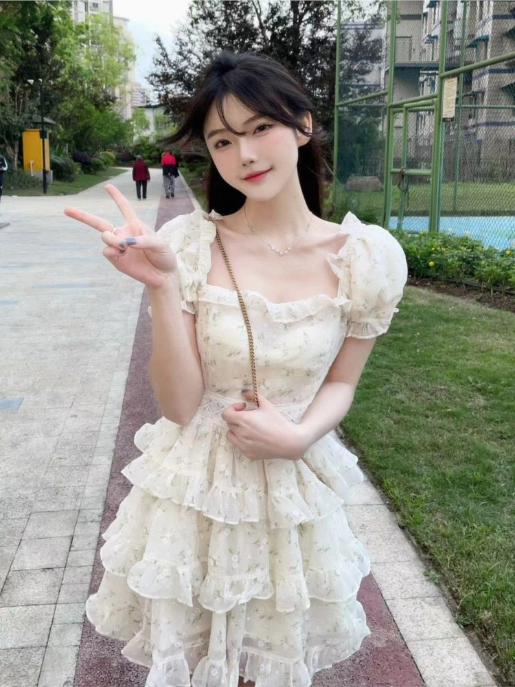 Supernfb Puff Sleeve Causal Sweet Dress Women Ruffles French Vintage Party Mini Dress Female Holiday Bow Cute Korean Fashion Dress