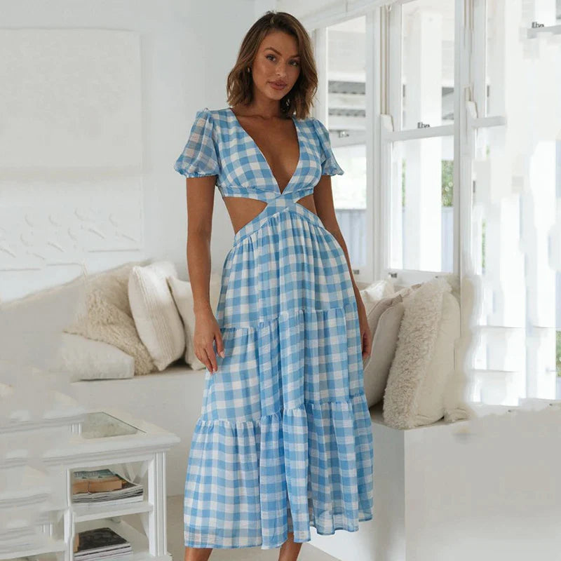 Supernfb Elegant Short Sleeve V Neck Plaid Summer Midi Dress For Women Hollow Out Backless Lace Up A-Line Holiday Beach Dress
