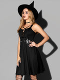 Lace Up Ruffle Straps Dress Sleeveless A Line Punk Style Knee Length Solid Black Dresses