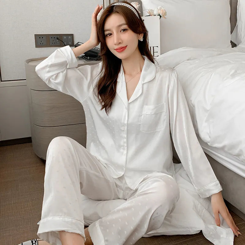 Supernfb Autumn ice silk jacquard long sleeve pants thin pajamas women solid color casual sexy cardigan pocket suit home clothing women