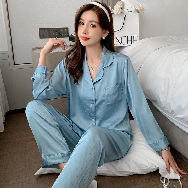 Supernfb Autumn ice silk jacquard long sleeve pants thin pajamas women solid color casual sexy cardigan pocket suit home clothing women