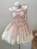 Supernfb Summer Women Sweet Pink Lolita Dress Female Ruffle High Waist prom Mini Dress Japanese Summer Girl Kawaii Party Dresses