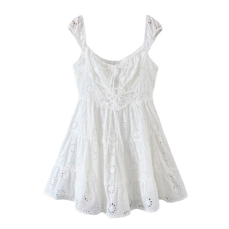 Supernfb Jacquard Floral White A-line Dress French Style Beach Holiday 90s Vintage Fairy Y2K Tie Up Mini Dress Women