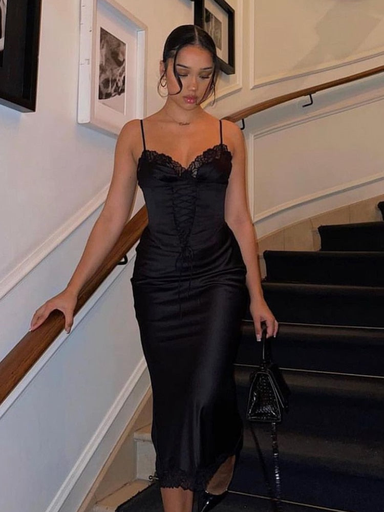 Elegant Midi Spaghetti strap Corset Dress Satin Black Bodycon Birthday Party Dresses Sexy Casual Women Summer Dresses