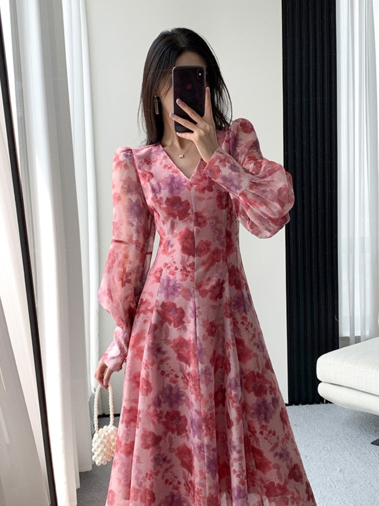 Supernfb French Elegant Dress Summer New Women Party Casual Evening Prom Vestidos Female Fashion Spring Vintage Printed Robe Mujers