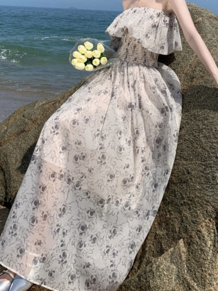 Supernfb Chiffon Print Long Dresses Summer Slash Neck Ruffles Patchwork High Waist A-line Dress Female Beachwear Holiday Midi Dress