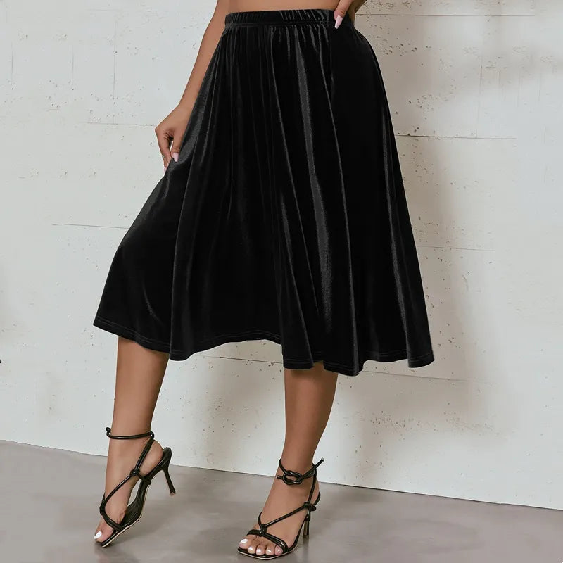 Supernfb Plus Size High Elastic Waist Velvet Skirt Women Solid Black Spring Autumn Midi Party Skirt A-line Flare Skirt Large Size 6XL 7XL