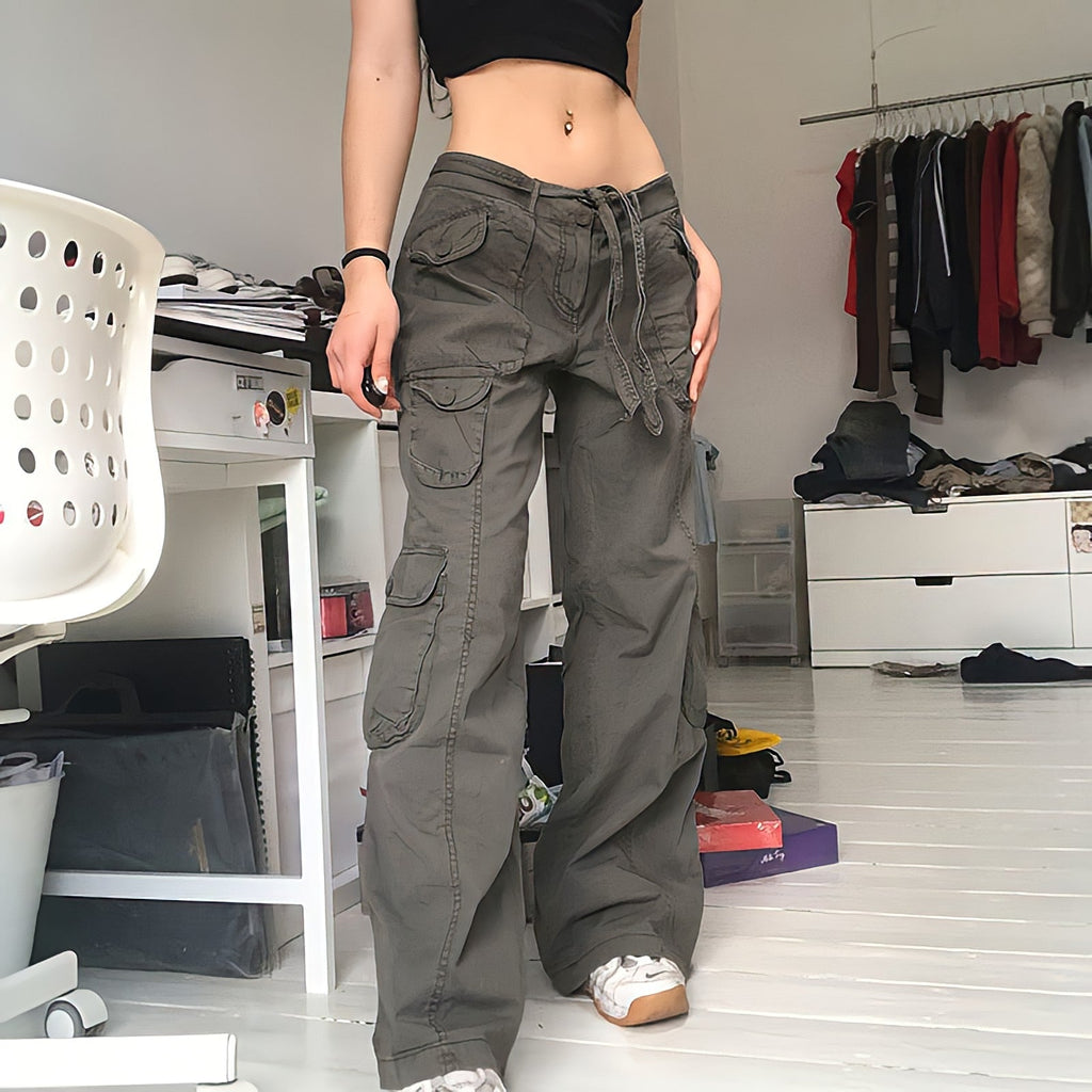 supernfb Vintage Hippie American Street Style Gray Cargo Pants Women Fashion Jeans Black Casual Trousers Sexy Low Waist Baggy Pants