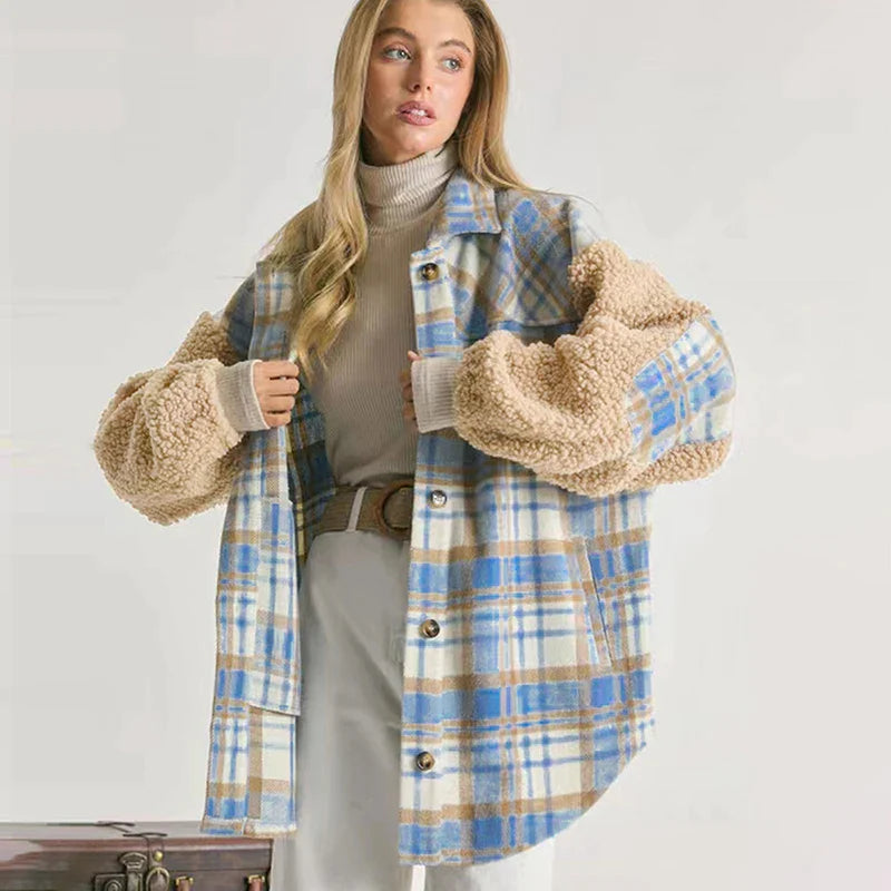 Supernfb Plaid Shirt Jacket Women Vintage Lapel Coat Winter Thick Wool Warm Blouse Ladies Oversize Casual Pockets Long Sleeve Outwear