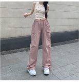supernfb Pink Baggy Cargo Pants Y2K Low Rise with Big Pocket Relaxed Fit Combat Pants Women