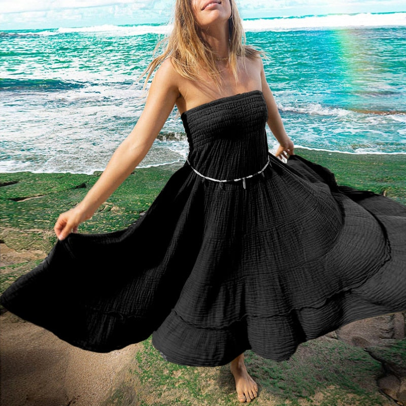 Supernfb Summer 100% Cotton Women'S Dress Casual Sleeveless Ruffles Holiday Beach Palazzo Flowy Party Dresses