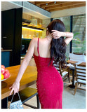 Supernfb Women Sexy Spaghetti Strap Sleeveless Red Dress Female Backless Mermaid Midi Dresses Vestidos