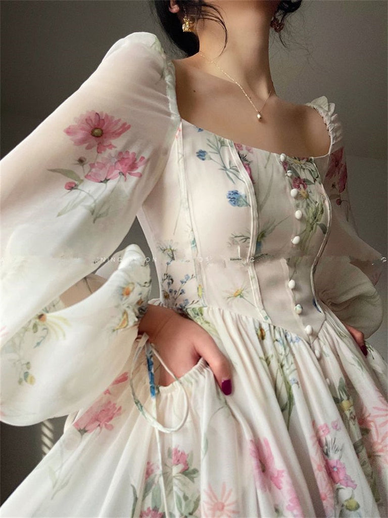 Midi Print Dress Summer New Women Elegent Fashion French Retro Princess Fancy Party Prom Clothes Female Vestidos